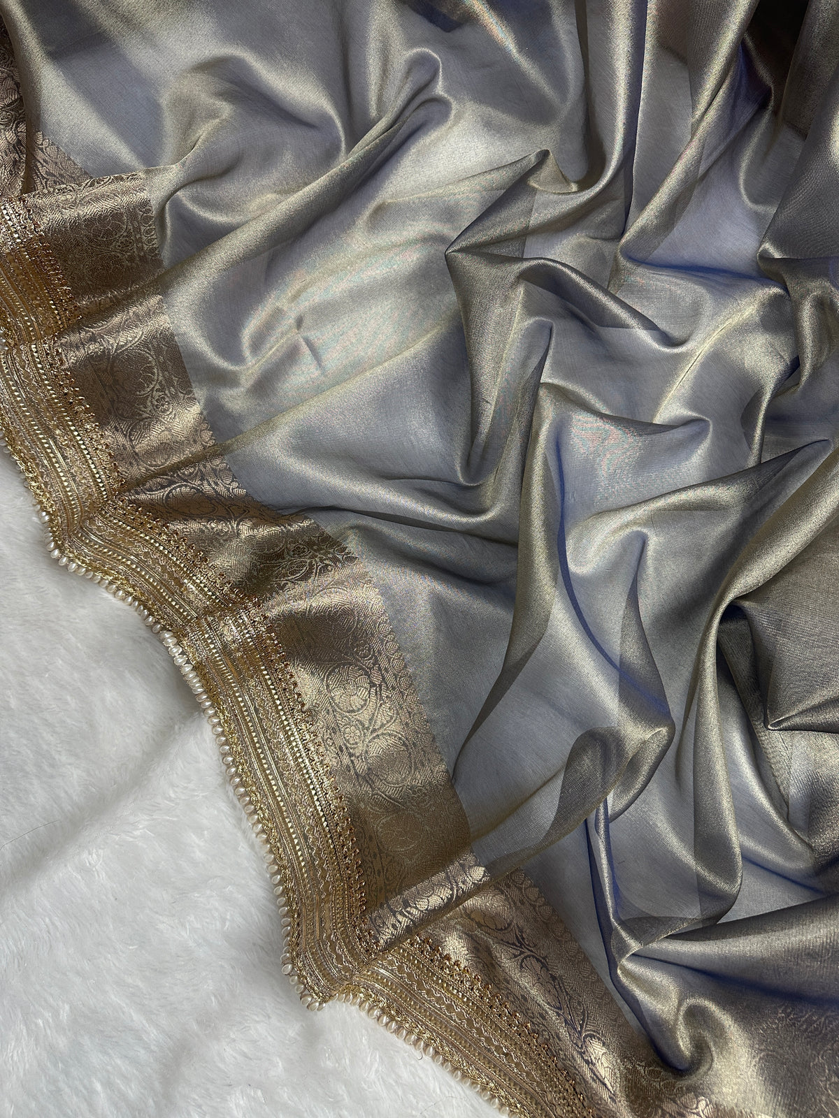 Grey Beautiful Lace Border Tissue Silk Banarasi Saree