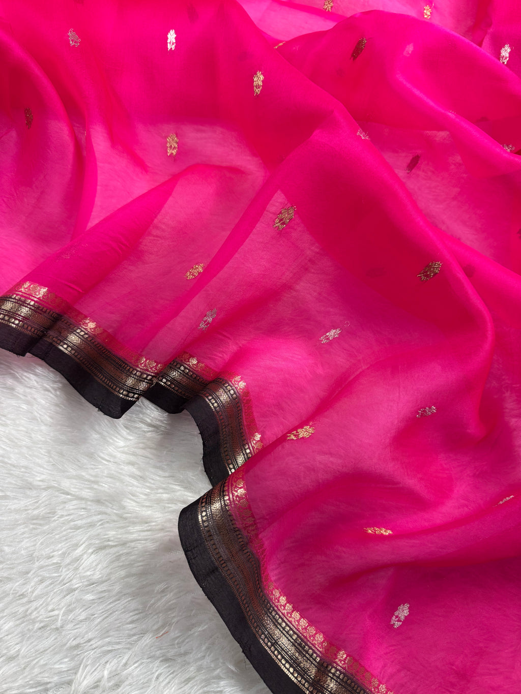 Hot Pink & Dark Brown Pure Kora Organza Silk Banarasi Saree