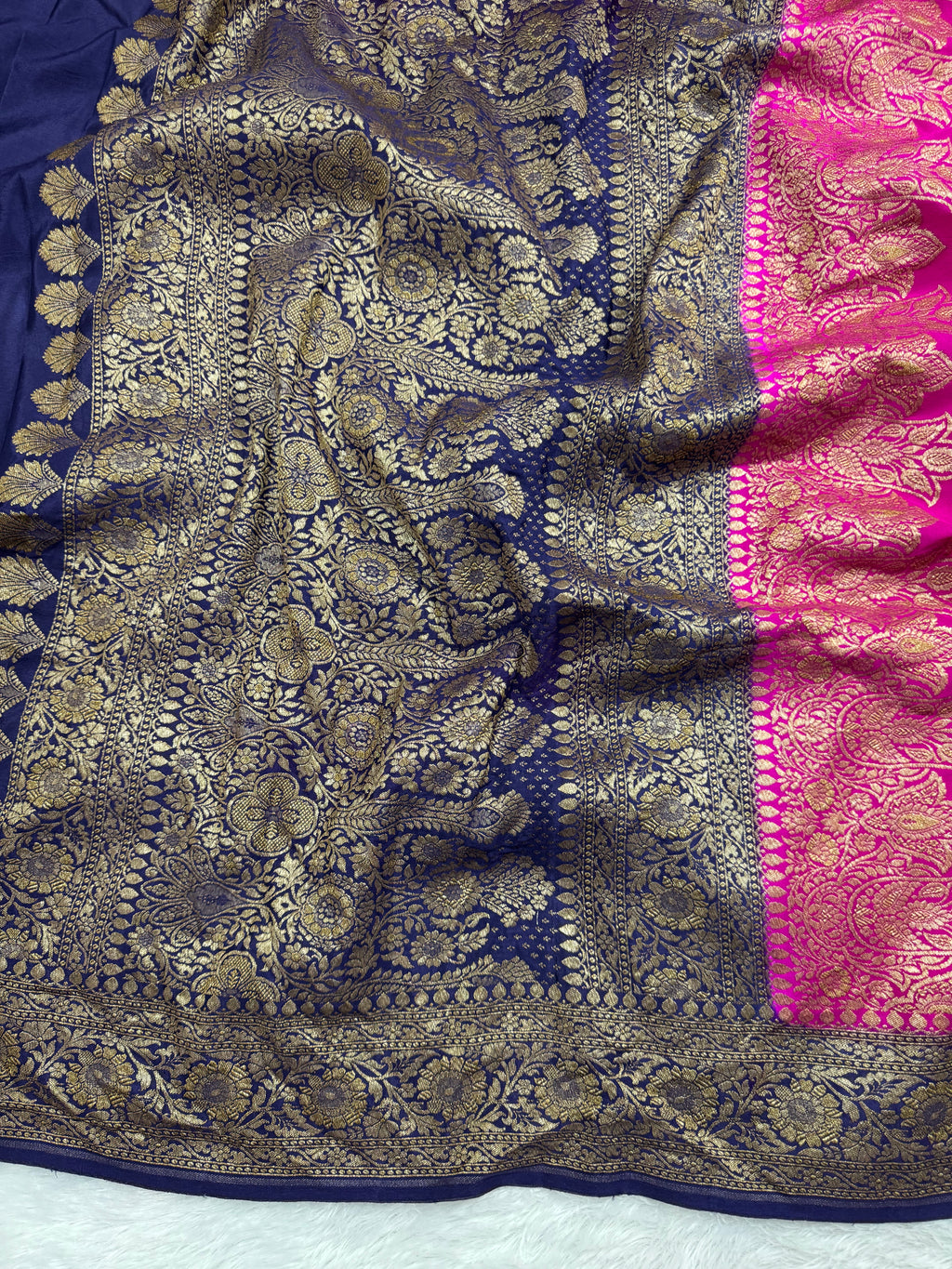 Hot Pink & Navy Blue Pure Khaddi Crep Silk Banarasi Saree