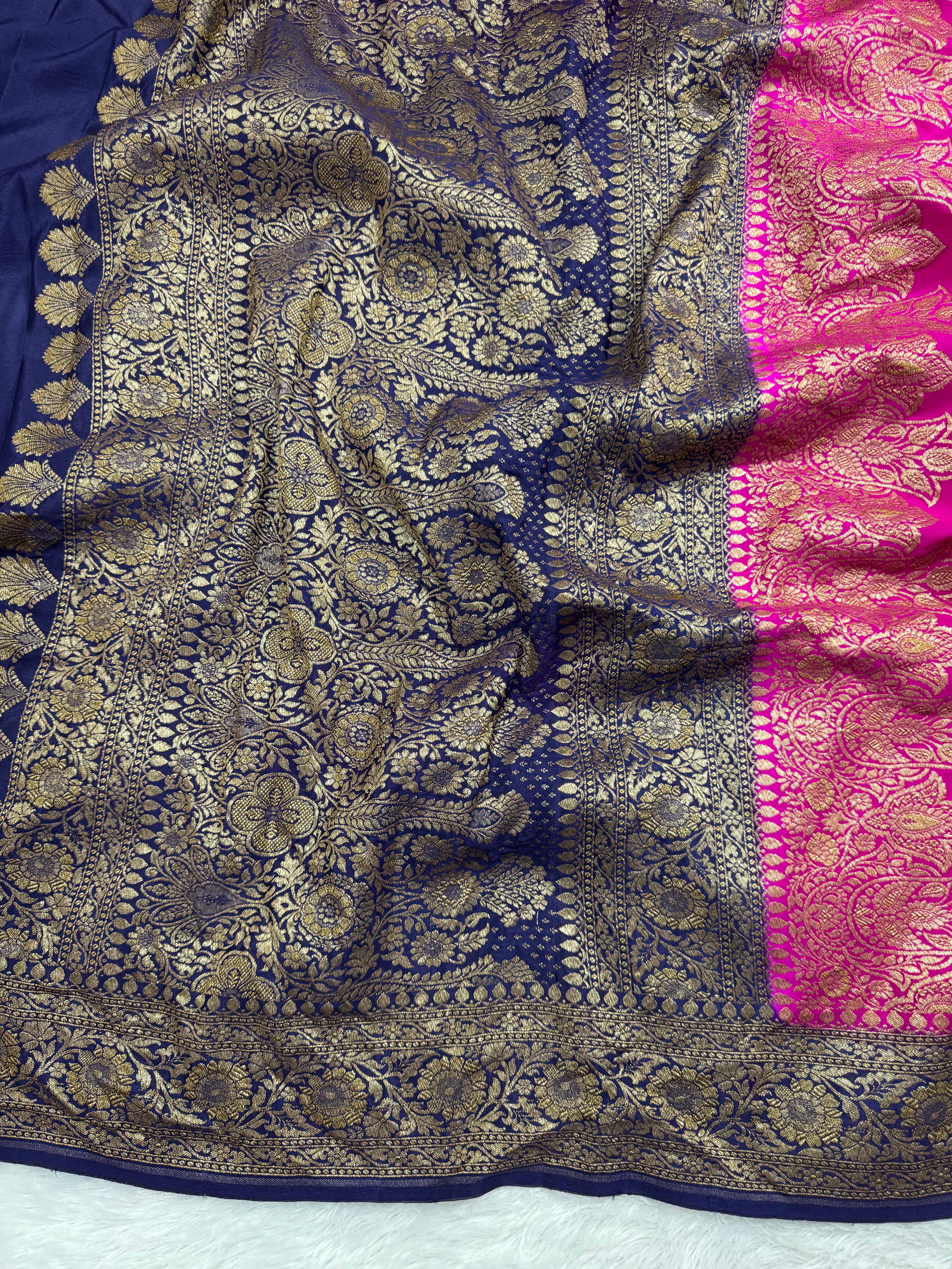 Hot Pink & Navy Blue Pure Khaddi Crep Silk Banarasi Saree