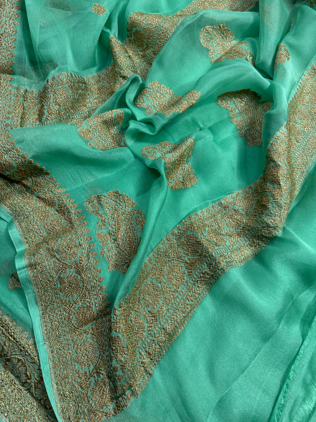 Pista Mint Green Pure khaddi Chiffon Silk Banarasi Saree