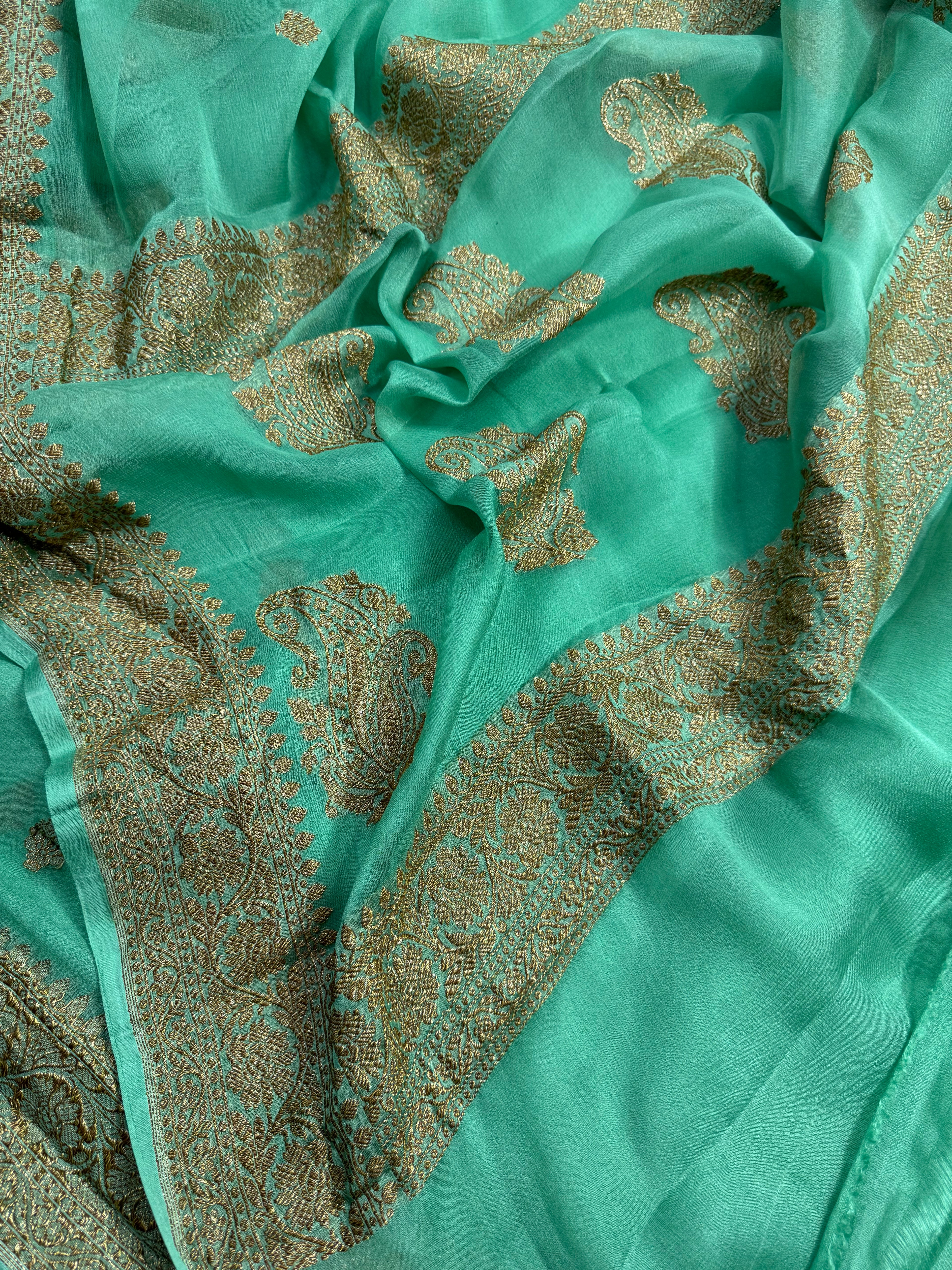 Pista Mint Green Pure khaddi Chiffon Silk Banarasi Saree
