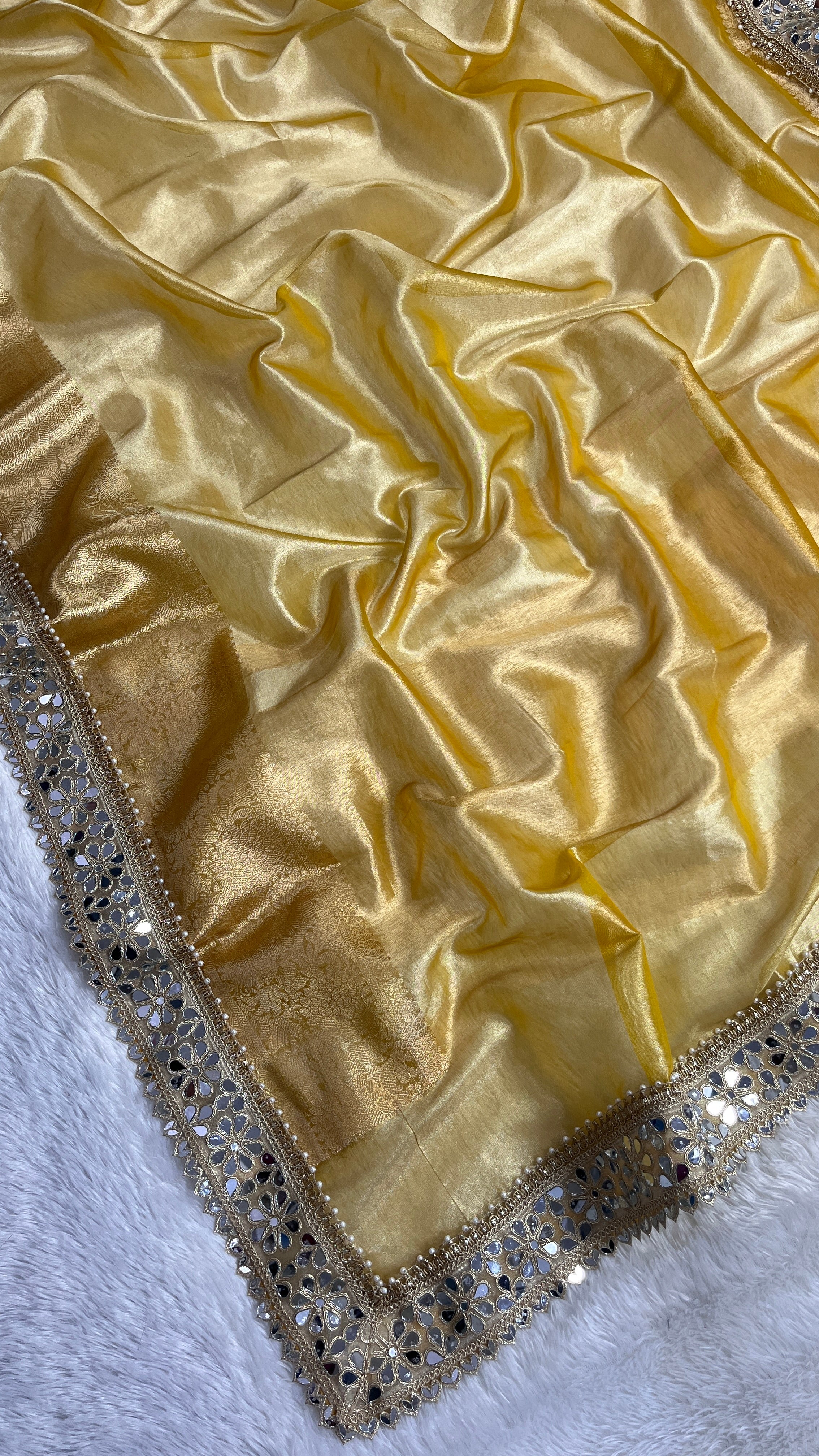 Golden Yellow Tissue Silk Saree With Intricate Zari Weaving & Mirror Lace Border