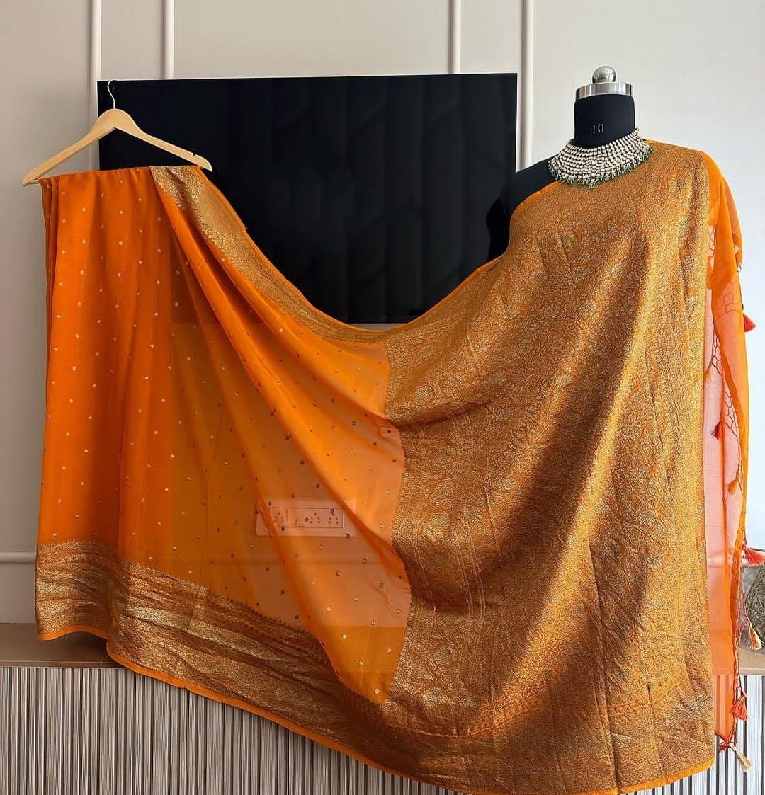 Burnt Orange Pure Khaddi Georgette Silk Banarasi Big Border Dana Saree