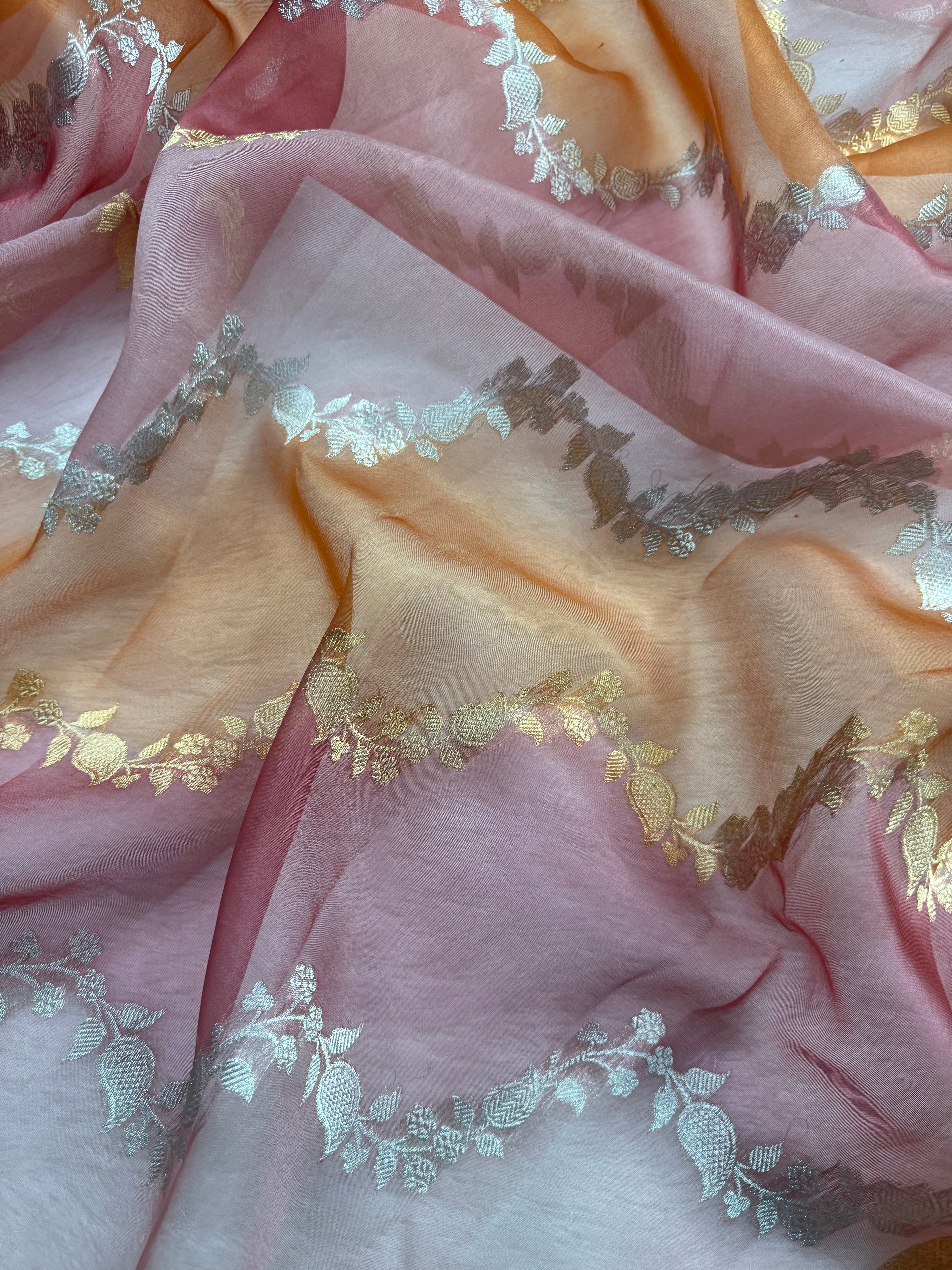 Rangkat Pure Kora Organza Sona & Roopa Zari Stripe Weaving Banarasi Saree