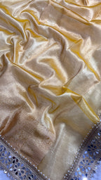 Golden Yellow Tissue Silk Saree With Intricate Zari Weaving & Mirror Lace Border