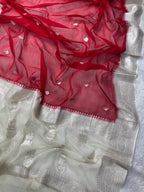 Red & Beige Pure Khaddi Chiffon Silk Banarasi Saree
