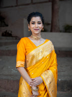 Yellow Gold Swarovski Intricate Stone Work Banarasi Mashru Silk Saree