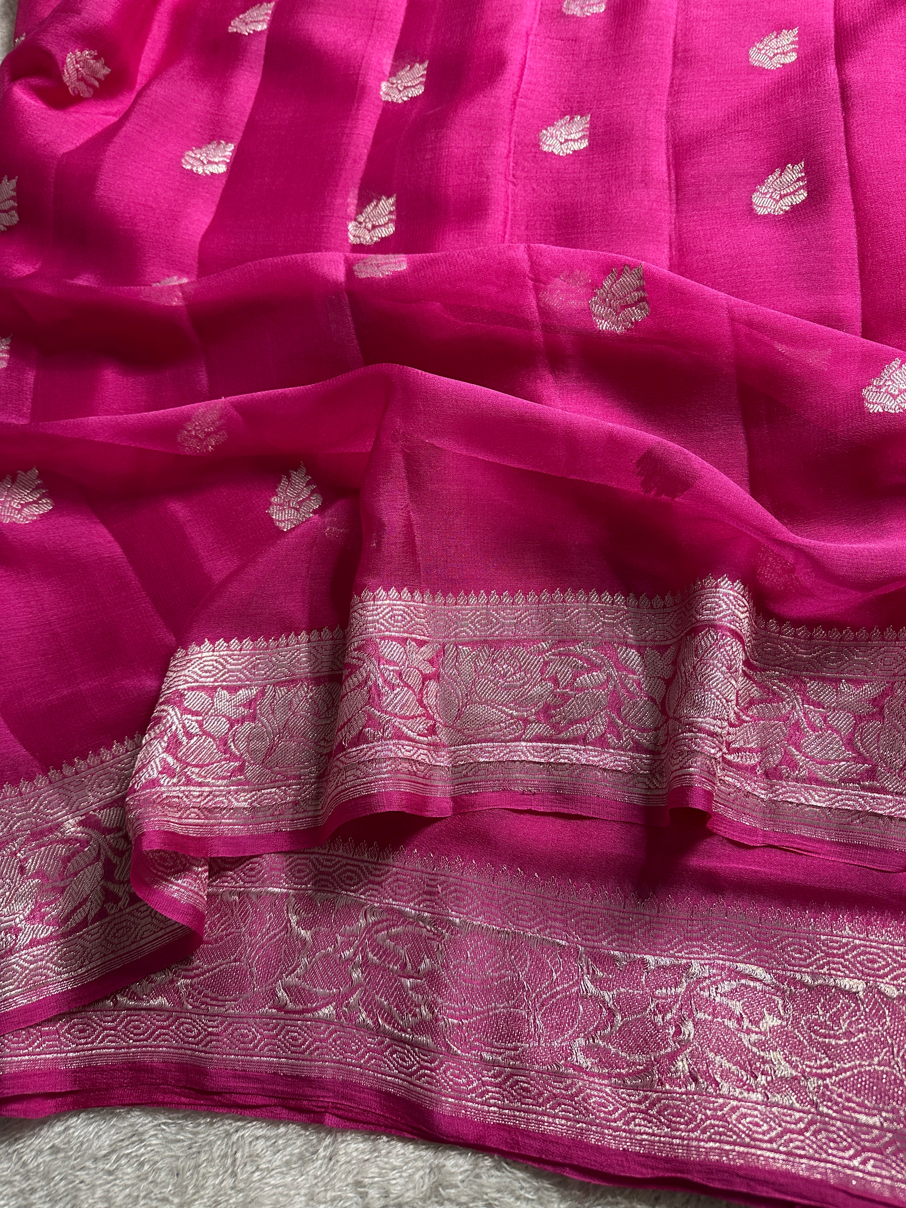 Rani Pink Pure Khaddi Chiffon Silk Banarasi Saree