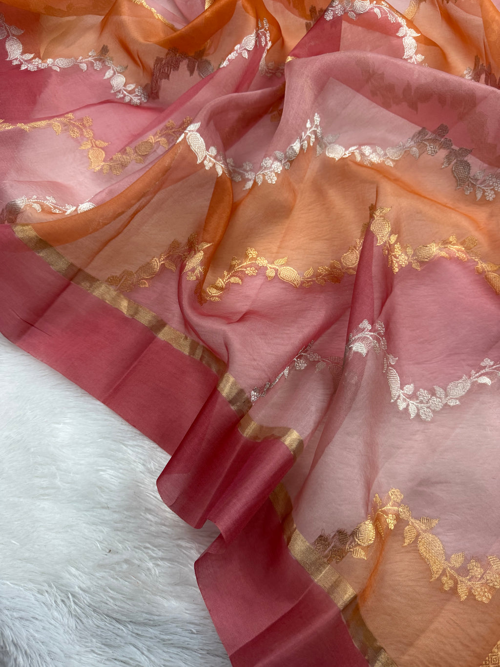 Rangkat Pure Kora Organza Sona & Roopa Zari Stripe Weaving Banarasi Saree