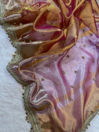 Rose Gold Tissue Silk Saree With Golden Ghungroo Butti Work & Luxury Lace Border