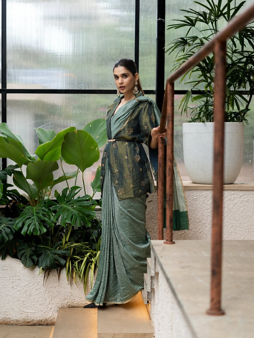 Green Stripe Pure Munga Tissue Silk Banarasi Saree