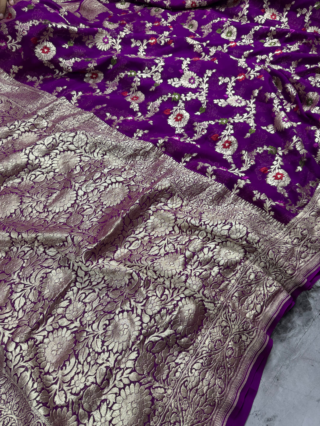 Royal Purple Pure Khaddi Georgette Silk Banarasi Meenakari Saree