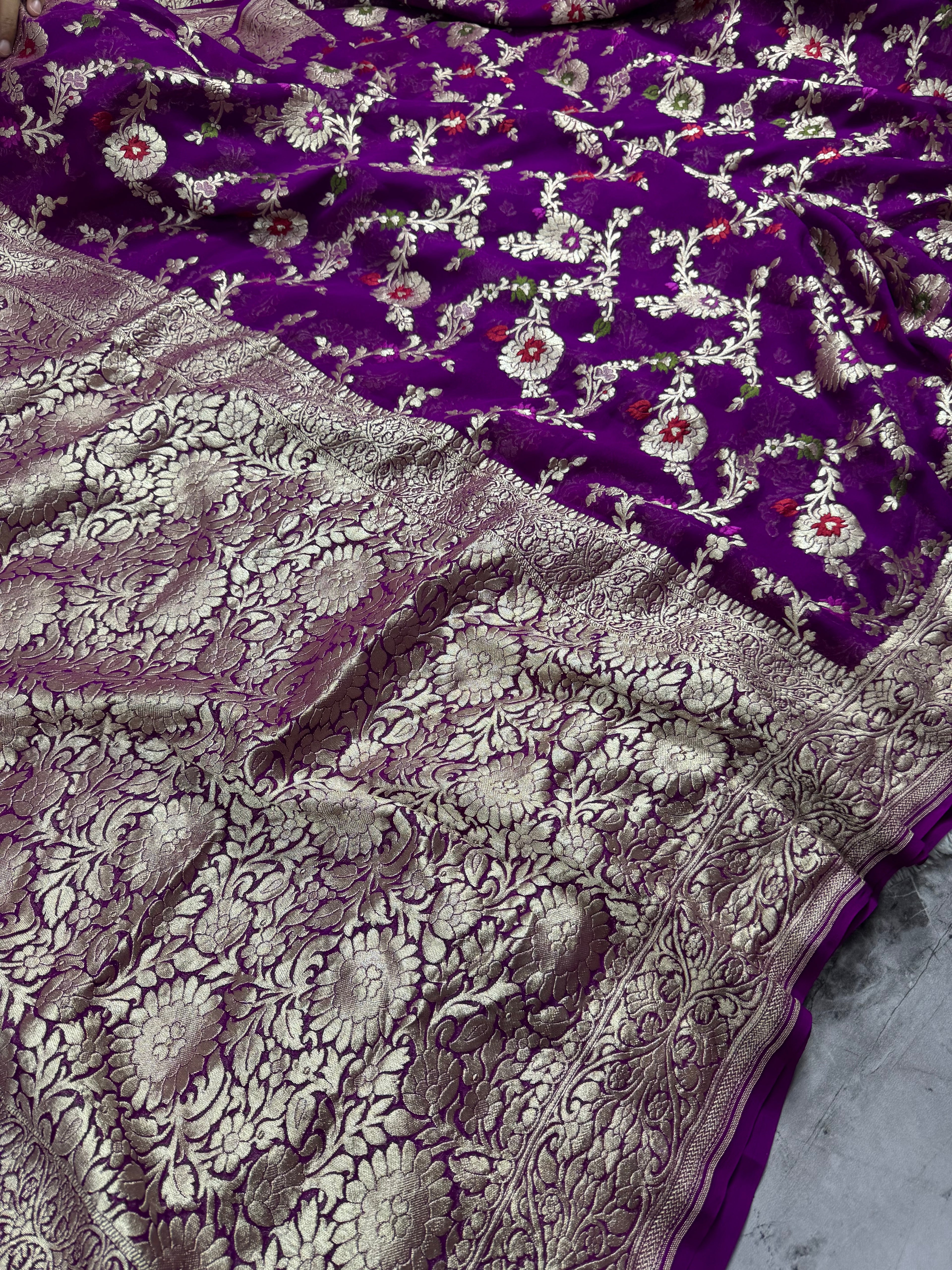 Royal Purple Pure Khaddi Georgette Silk Banarasi Meenakari Saree