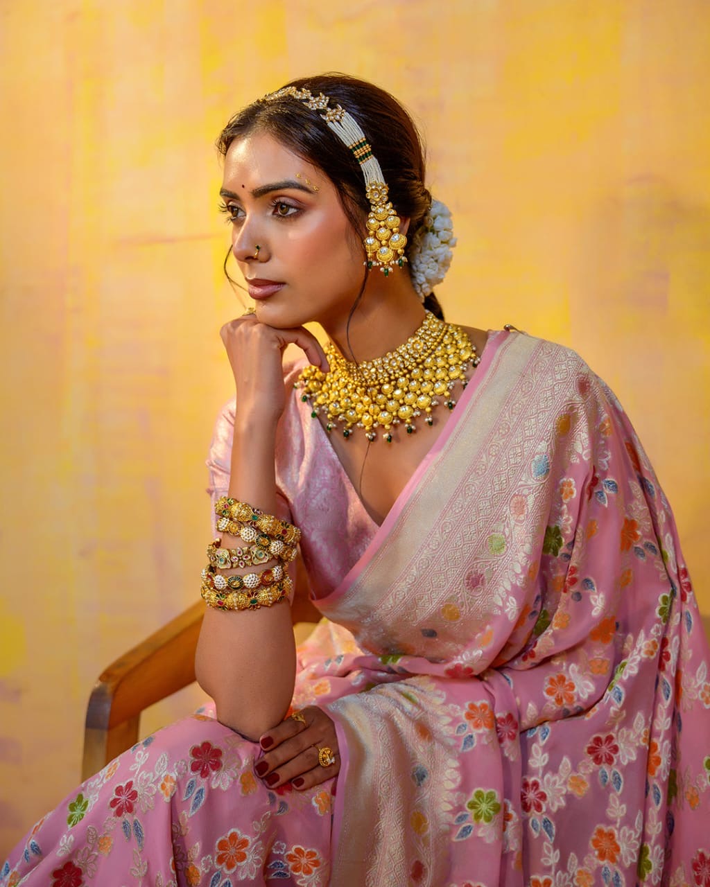 Baby Pink With Handbrush Pure Khaddi Georgette Silk Banarasi Saree