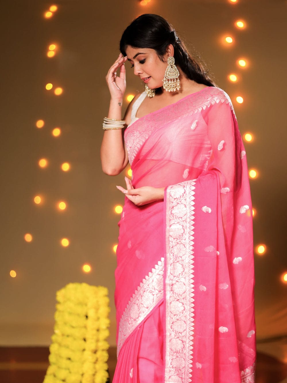 Rani Pink Pure Khaddi Chiffon Silk Banarasi Saree