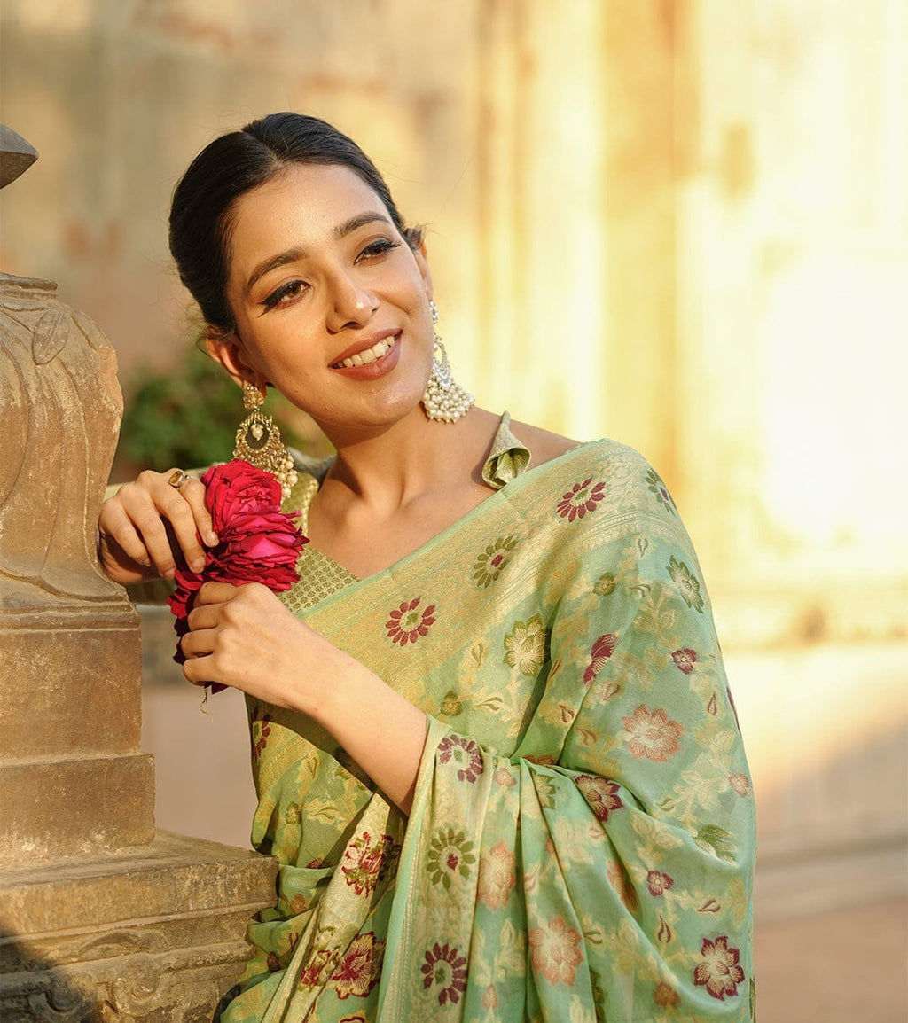 Pista Green Pure Chiffon Silk Banarasi Saree
