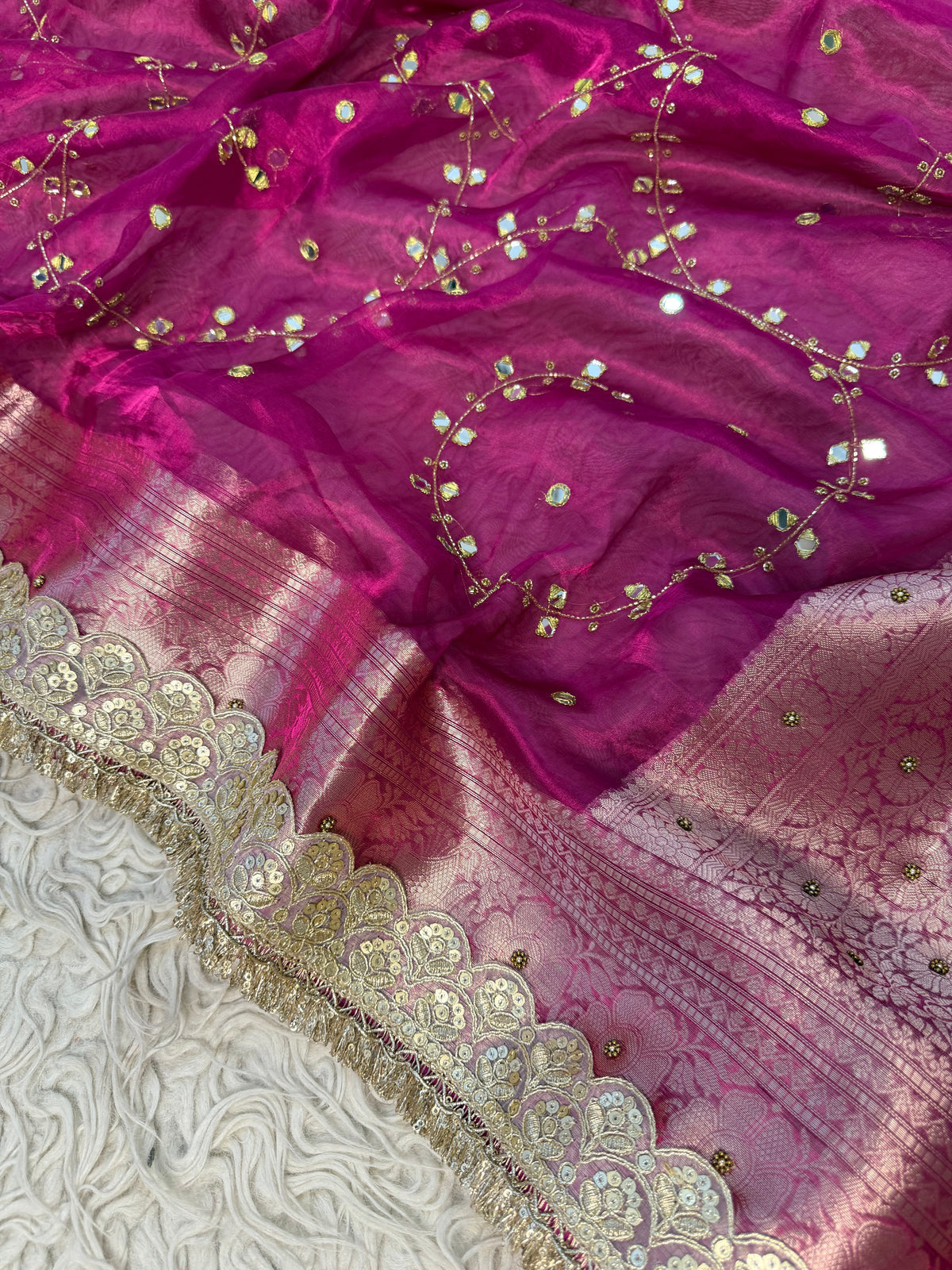 Pure Banarasi Tissue Saree with Hand Work on all over Body with Intricate Border and Pallu Design Along with Gotta Patti Lace Work
