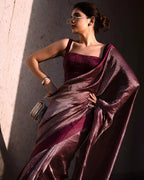 Reddish Wine Stripe Pure Tissue Silk Banarasi Saree
