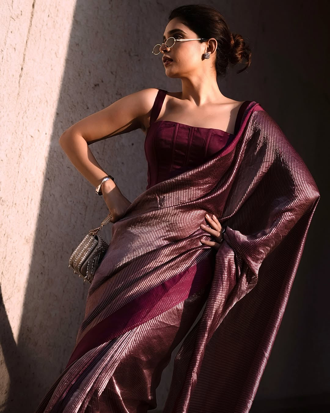 Reddish Wine Stripe Pure Tissue Silk Banarasi Saree