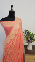 Peach Pink Pure Khaddi Georgette Silk Banarasi Saree
