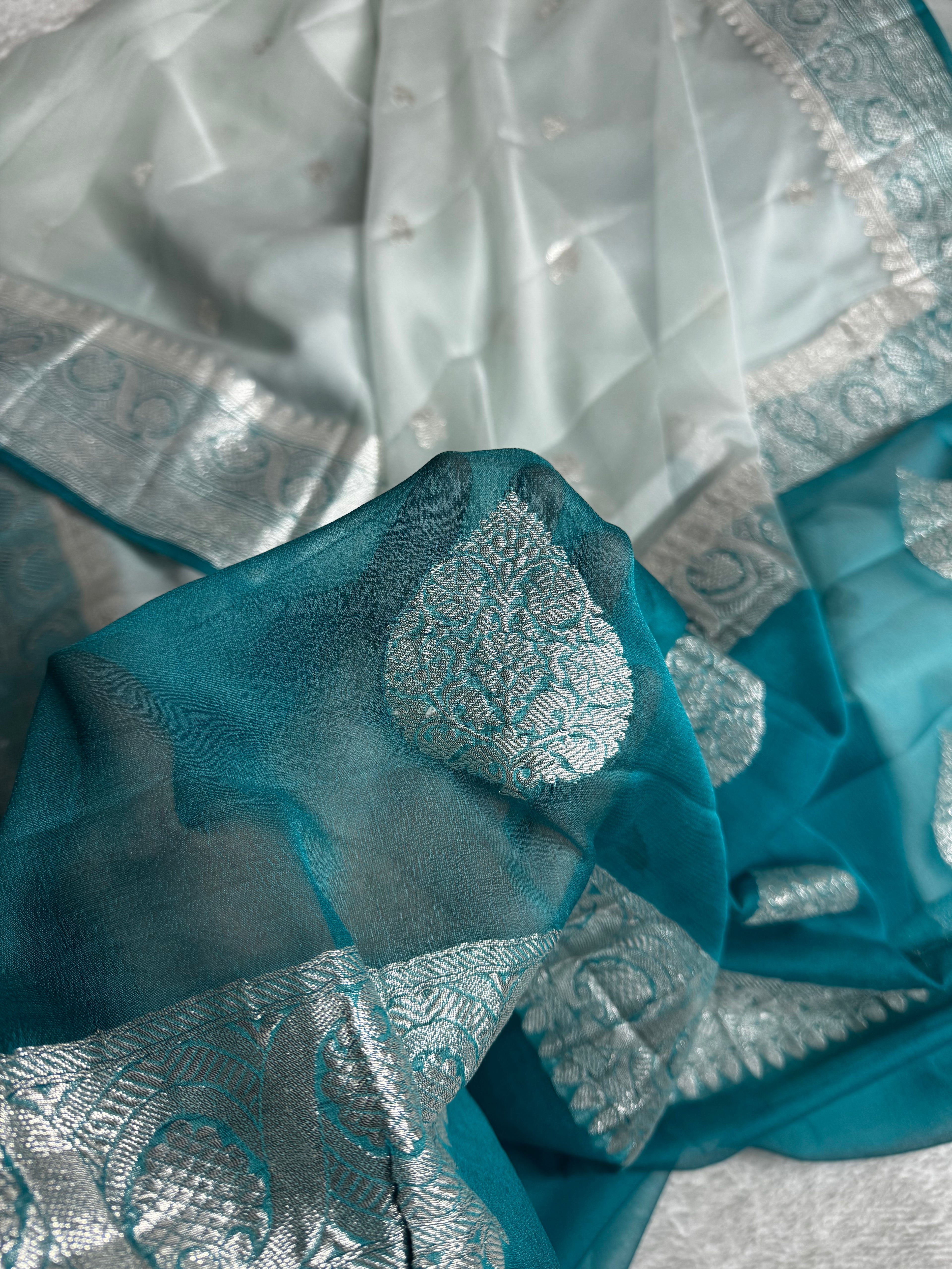 Deep Sea Green & Light Sea Green Pure khaddi Chiffon Silk Banarasi Border Booti Saree