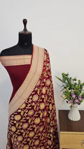 Deep Maroon Handbrush Meenakari Pure Khaddi Georgette Silk Banarasi Saree