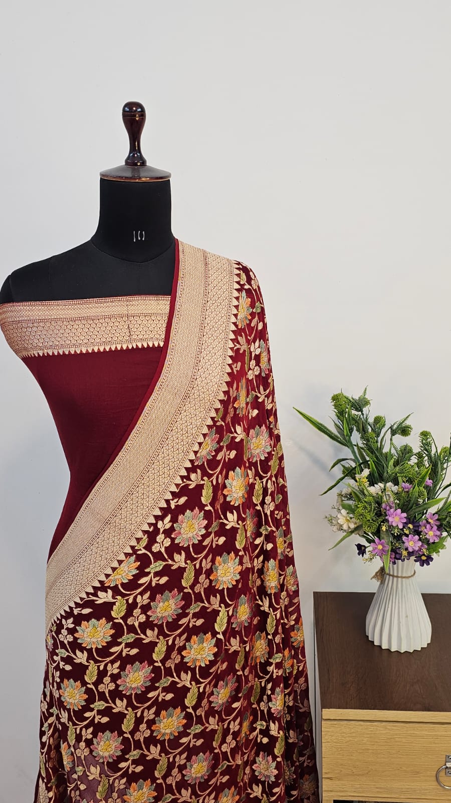 Deep Maroon Handbrush Meenakari Pure Khaddi Georgette Silk Banarasi Saree