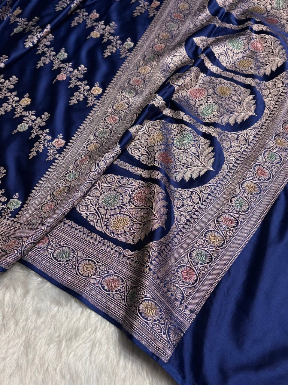 Navy Blue Meenakari Mashru Katan Silk Banarasi Saree