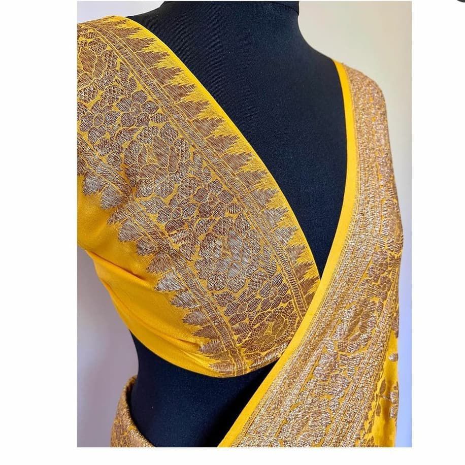 Mustard Yellow Pure Khaddi Georgette Silk Banarasi Saree