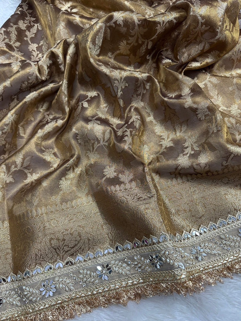 Champagne Gold Beautiful Mirror Lace Border Tissue Silk Banarasi Saree