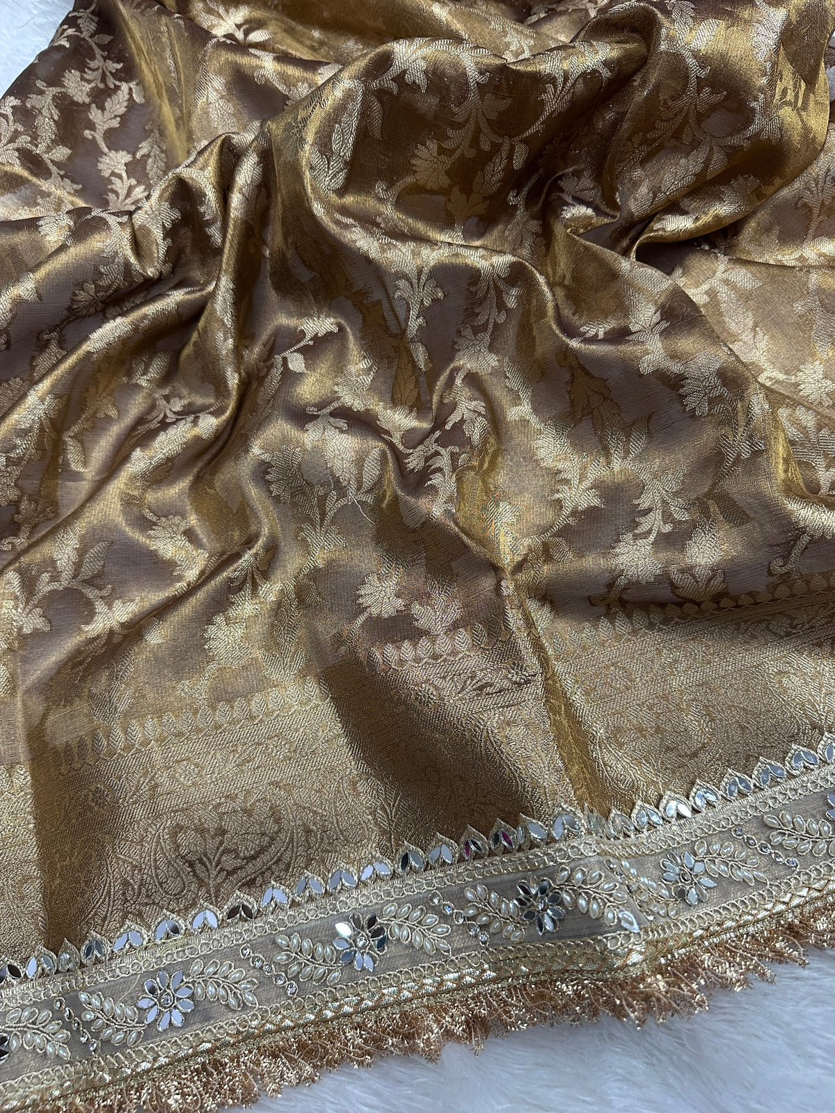 Champagne Gold Beautiful Mirror Lace Border Tissue Silk Banarasi Saree