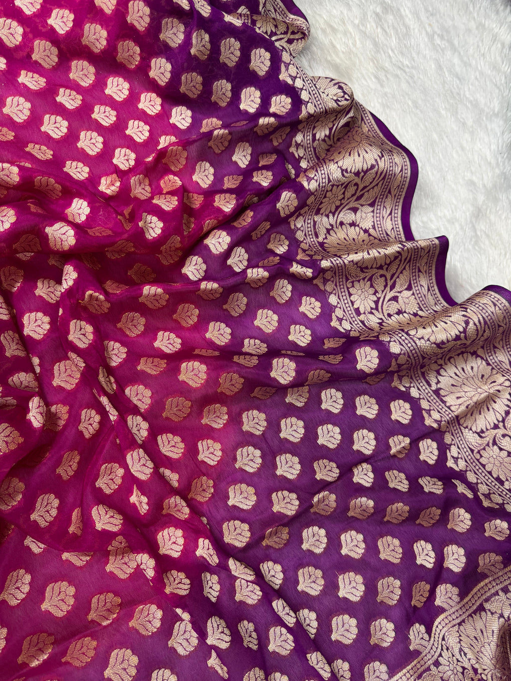 Rani & Purple Bhandej Dye Pure Chiffon Silk Banarasi Saree