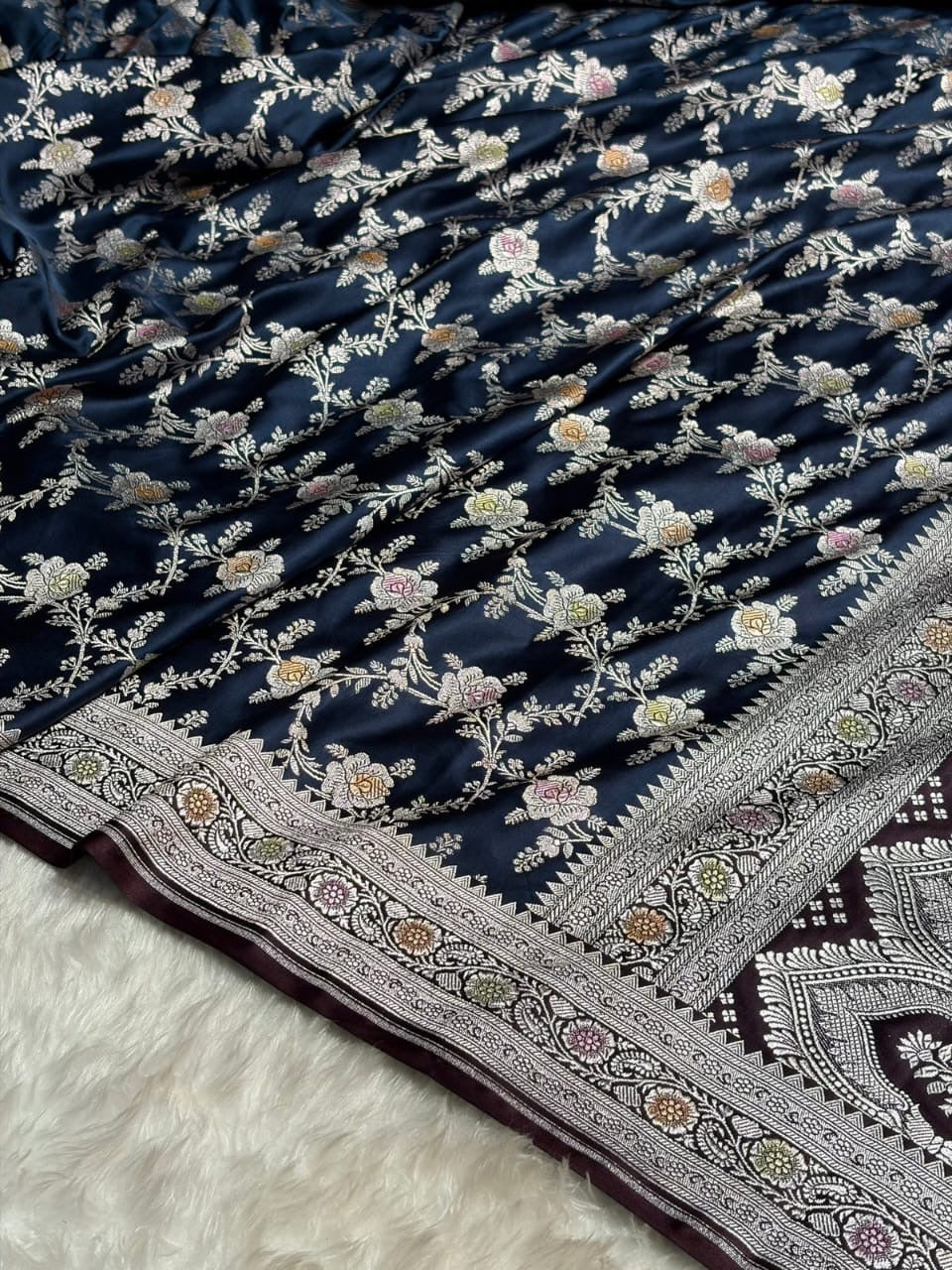 Navy blue & Wine Meenakari Mashru Katan Silk Banarasi Saree