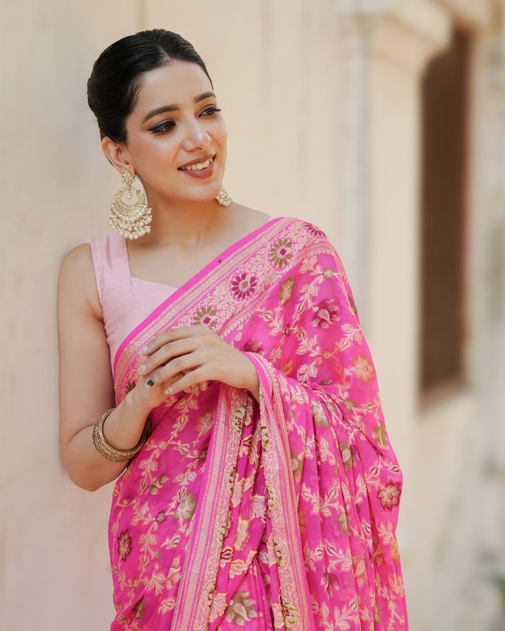 Pink Pure Chiffon Silk Banarasi Saree