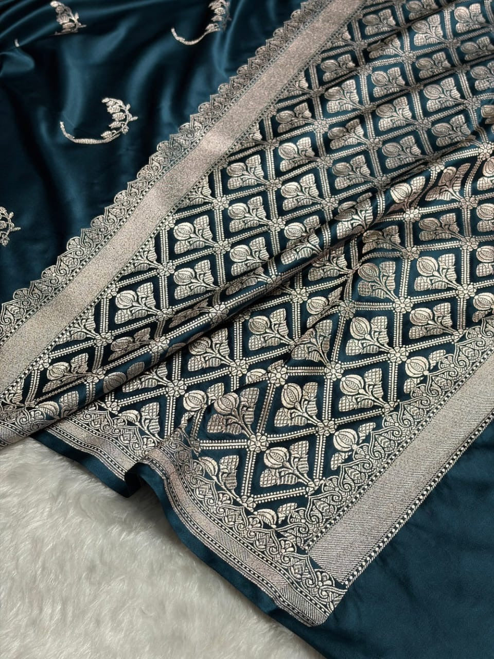 Teal Blue Mashru Katan Silk Banarasi Saree