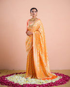 Mustard Orange With Handbrush Pure Khaddi Georgette Silk Banarasi Saree