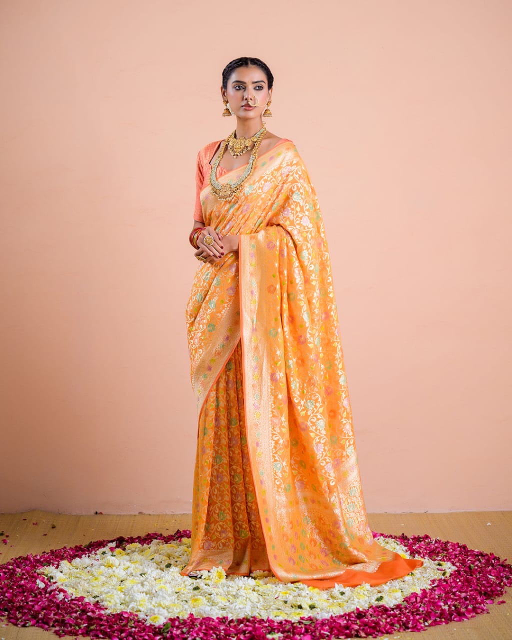 Mustard Orange With Handbrush Pure Khaddi Georgette Silk Banarasi Saree