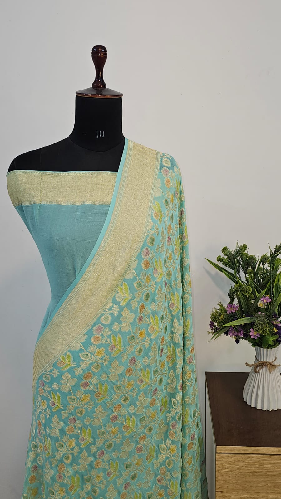 Powder Blue Handbrush Meenakari Pure Khaddi Georgette Silk Banarasi Saree