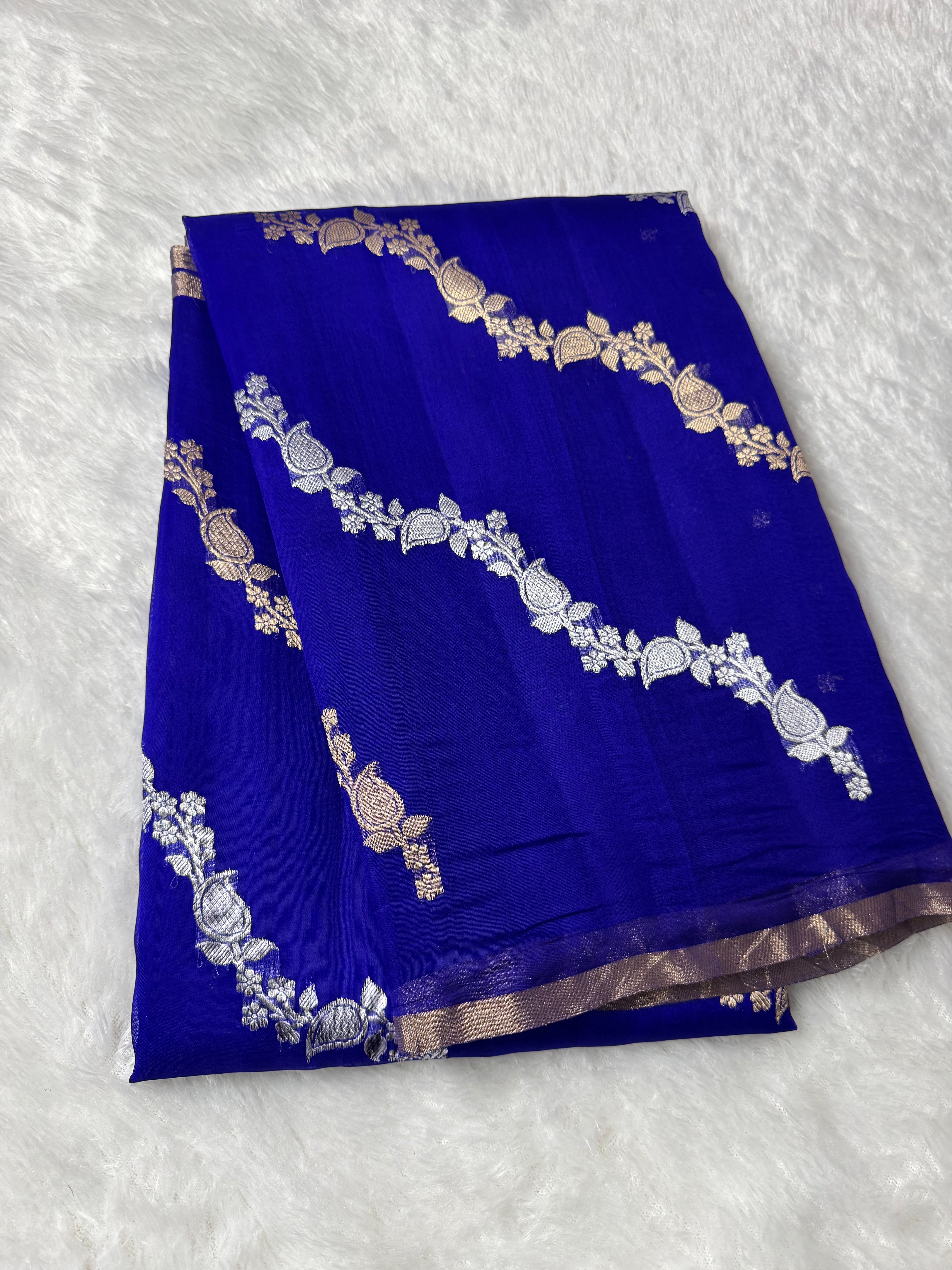 Royal Blue Stripe Sona & Roopa Pure Kora Organza Silk Banarasi Saree