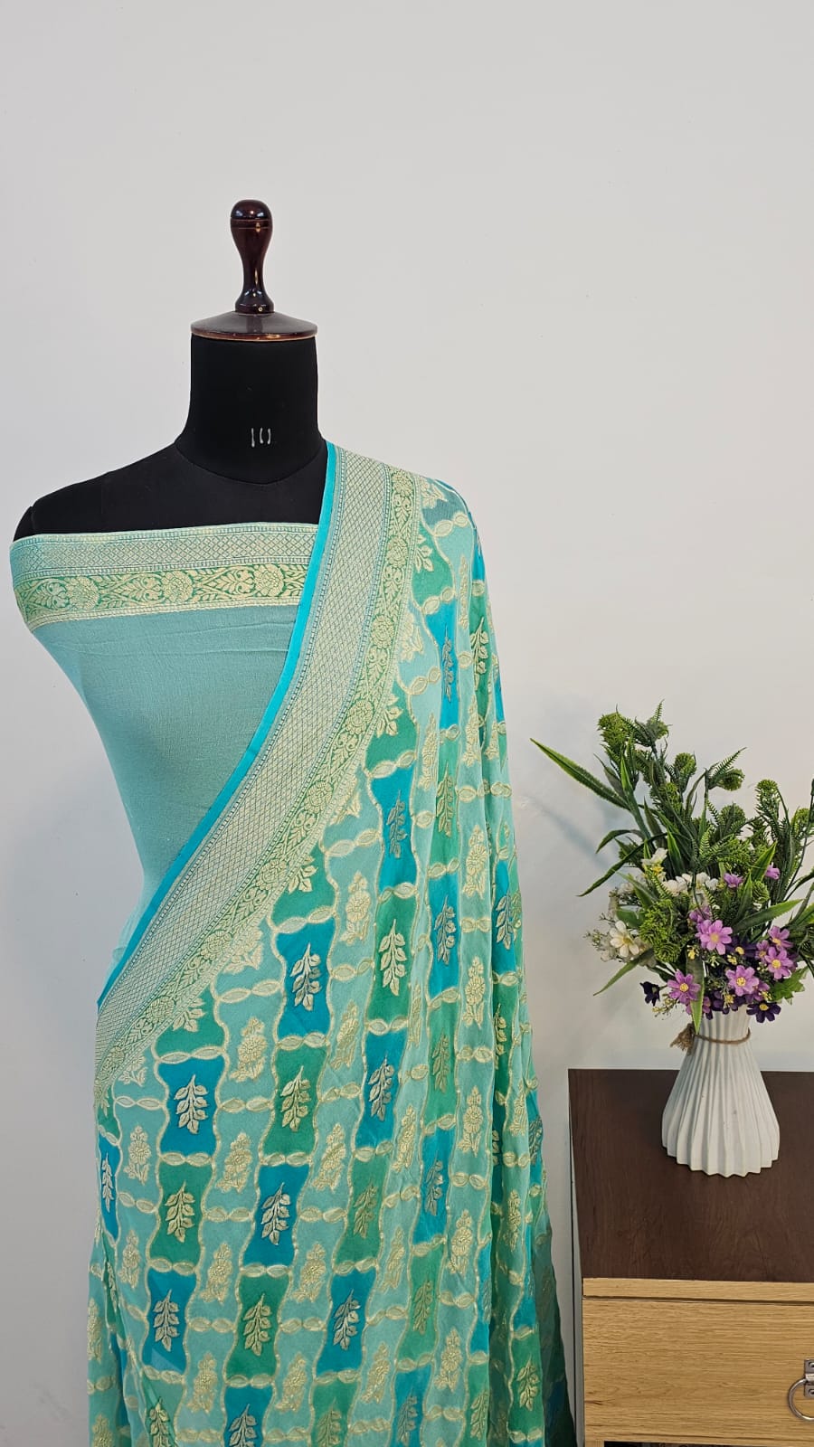 Sea Green Rangkat Pure Khaddi Georgette Silk Banarasi Saree