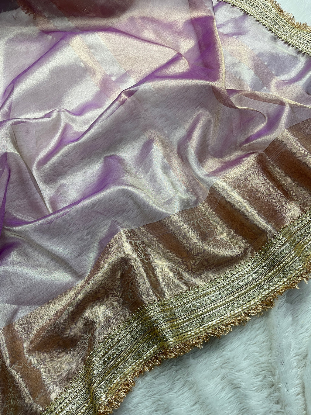 Lavender Tissue Silk Banarasi Saree With Designer Lace Work