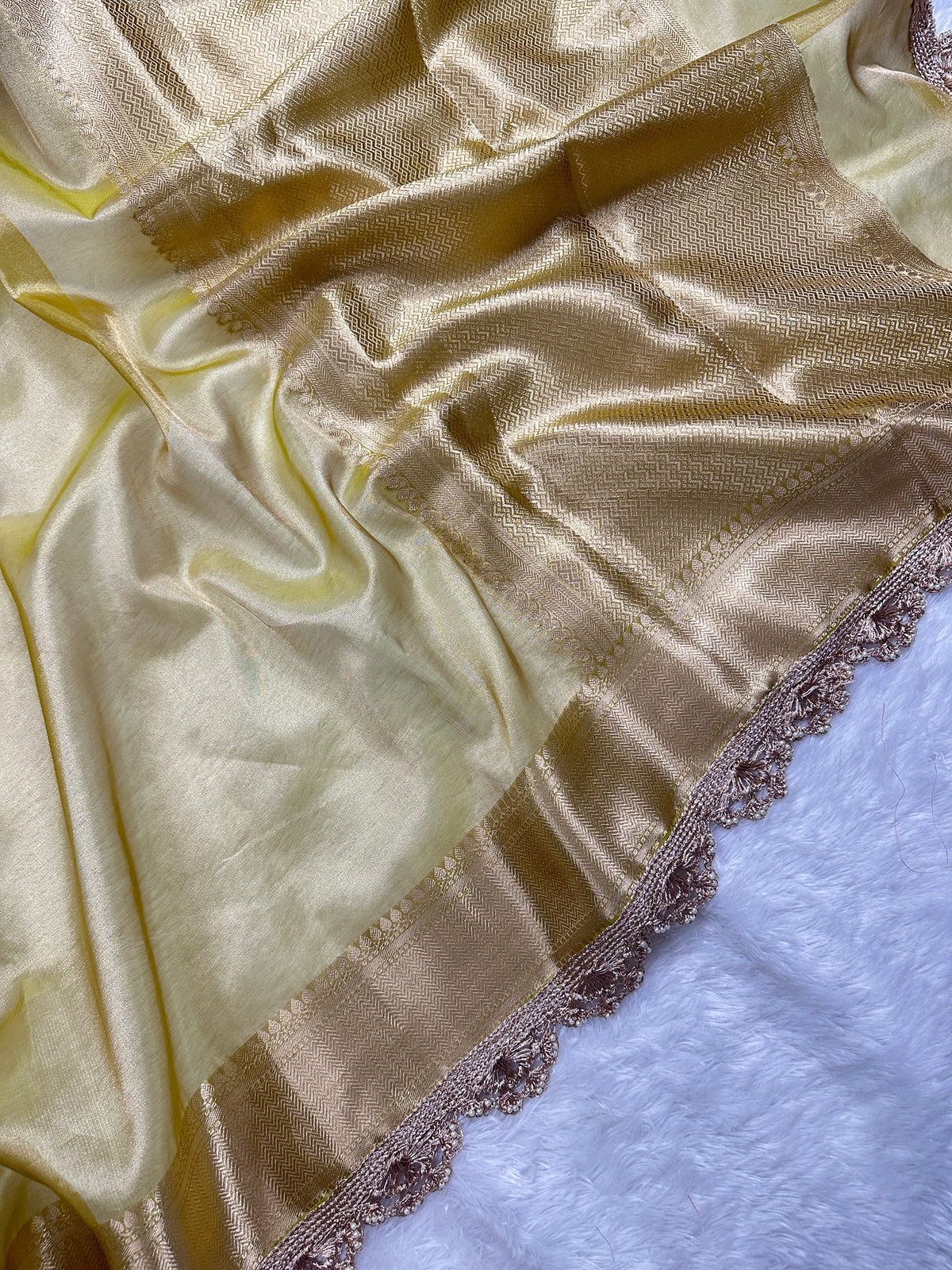 Lemon Beautiful Lace Border Tissue Silk Banarasi Saree