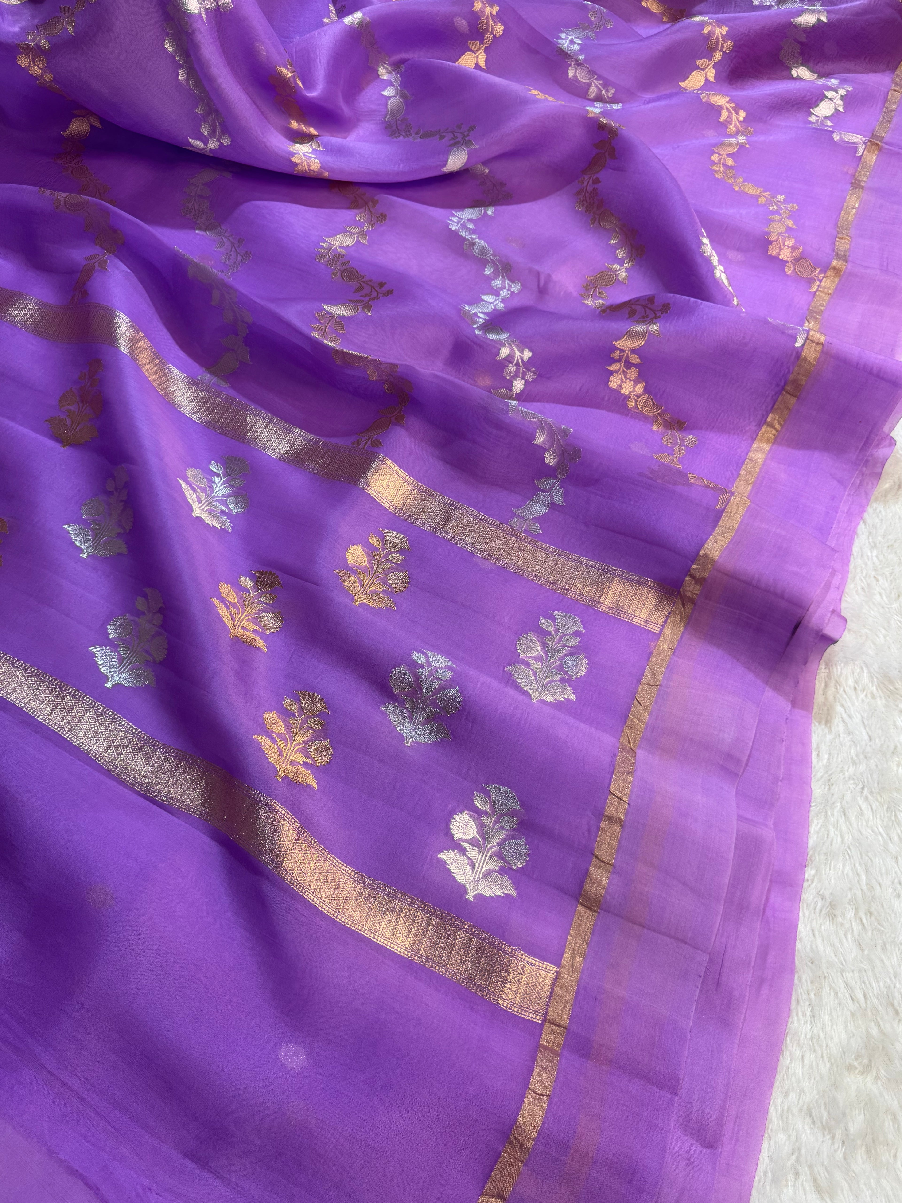 Lavender Stripe Sona & Roopa Pure Kora Organza Silk Banarasi Saree