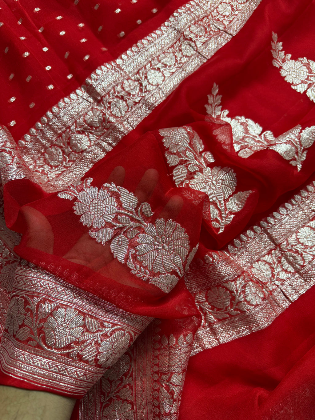 Red Pure Khaddi Chiffon Silk Banarasi Thousand Booti Saree