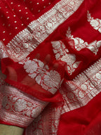 Red Pure Khaddi Chiffon Silk Banarasi Thousand Booti Saree