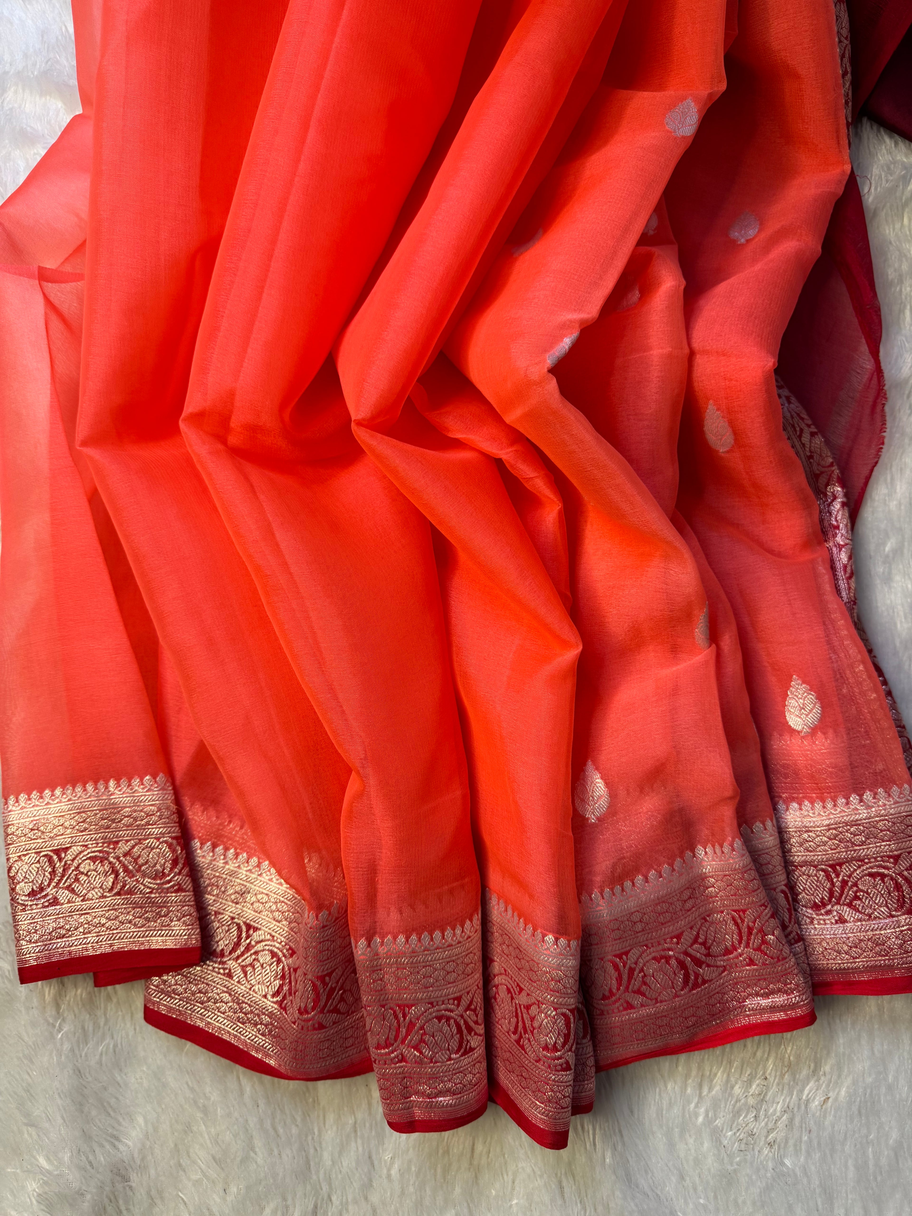 Bright Peach & Red Pure Khaddi Chiffon Silk Banarasi Saree