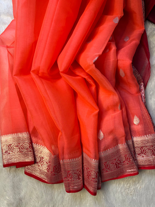 Bright Peach & Red Pure Khaddi Chiffon Silk Banarasi Saree