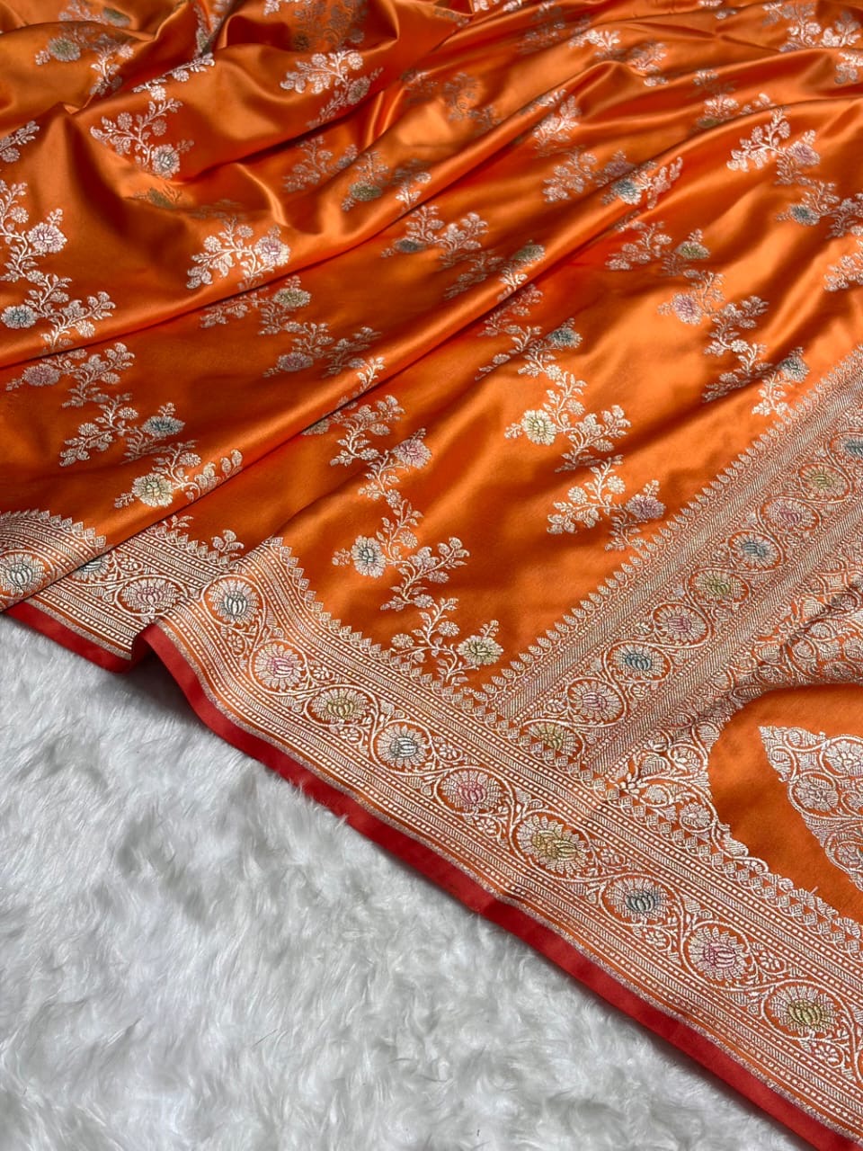 Burnt Orange Meenakri Mashru Katan Silk Banarasi Saree