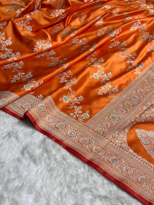 Burnt Orange Meenakri Mashru Katan Silk Banarasi Saree